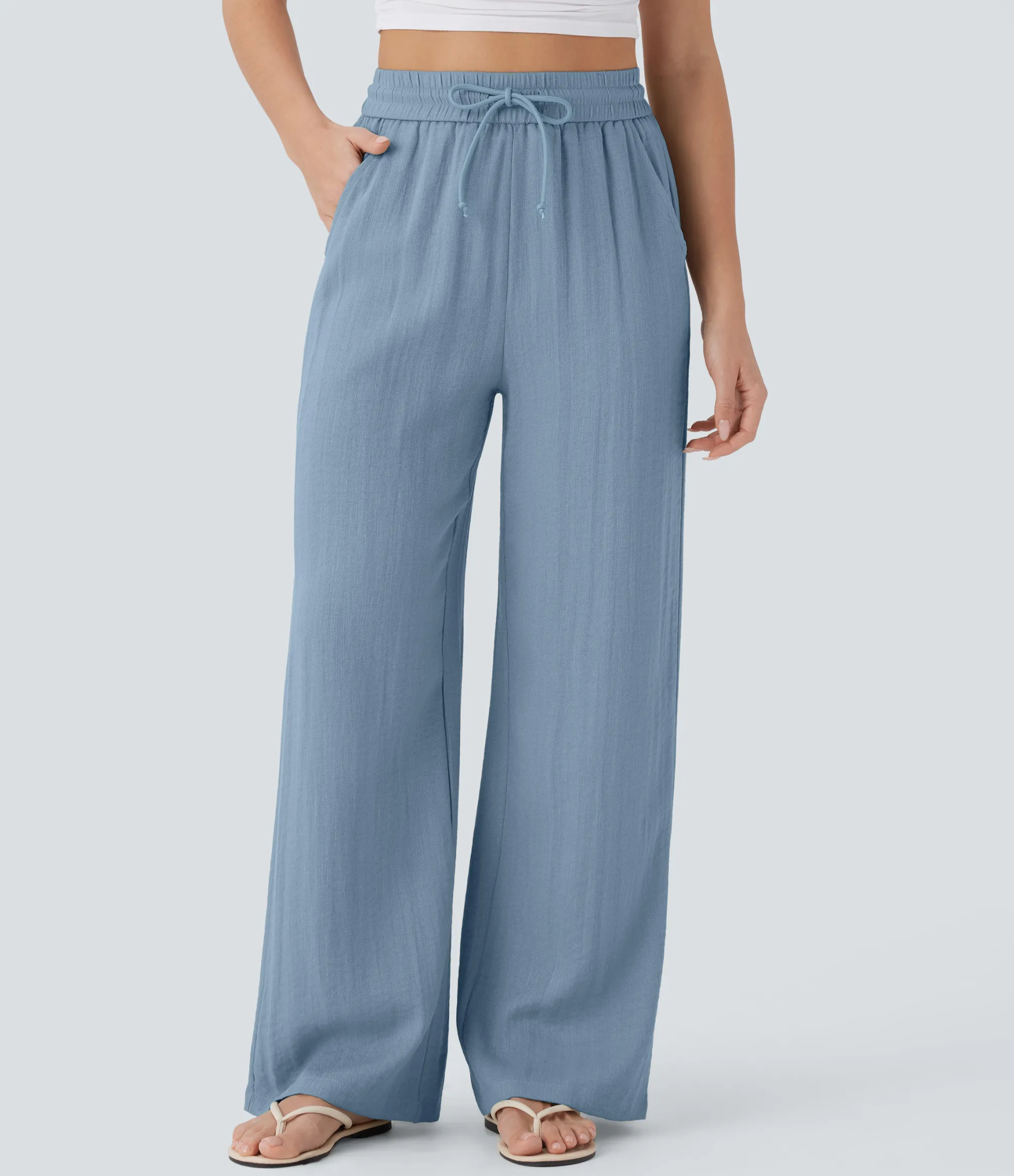 High-Waisted Pants|Wide-Leg Pants<HALARA High Waisted Drawstring Pocket Wide Leg Casual Linen-Feel Pants