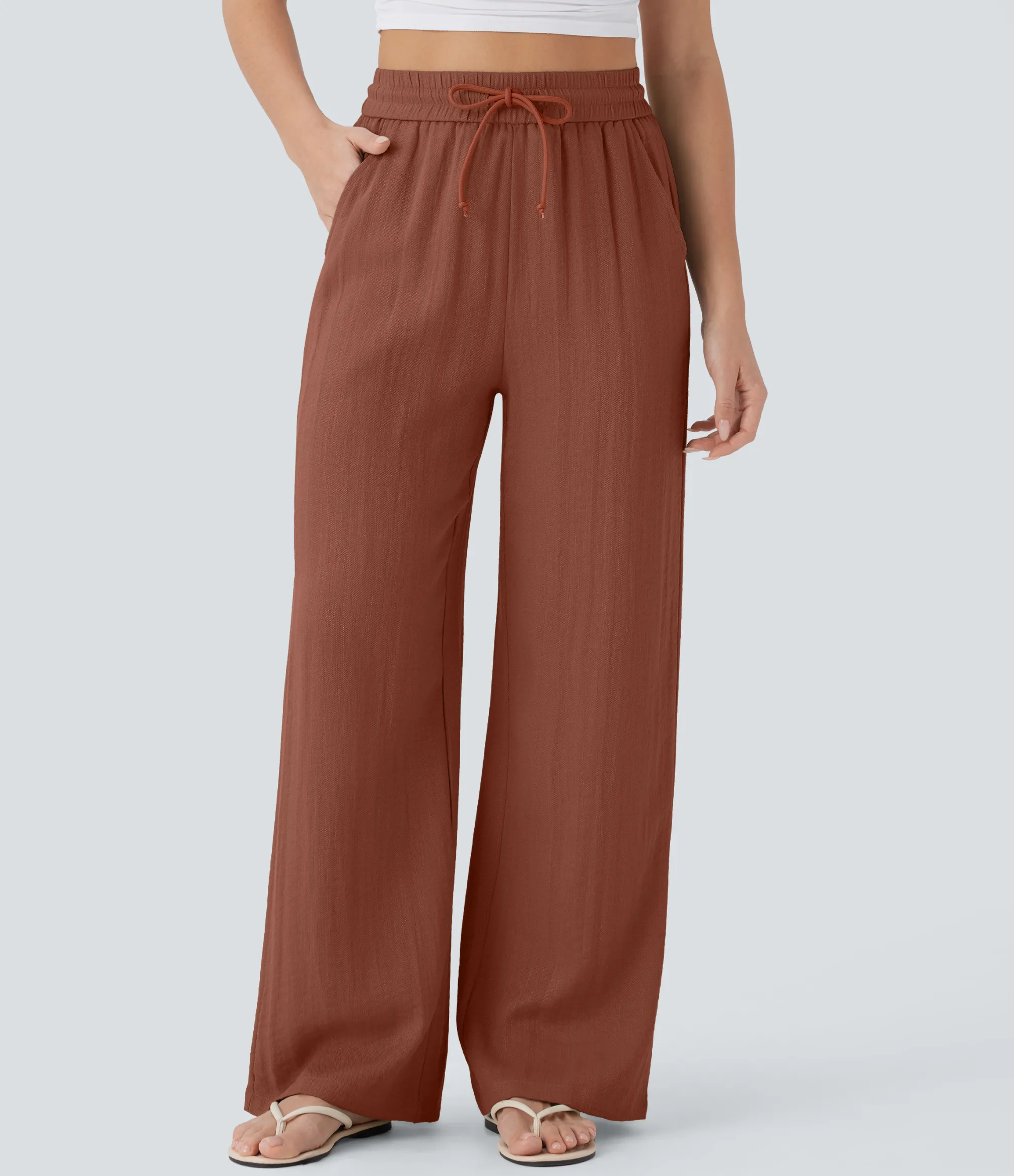 High-Waisted Pants|Wide-Leg Pants<HALARA High Waisted Drawstring Pocket Wide Leg Casual Linen-Feel Pants