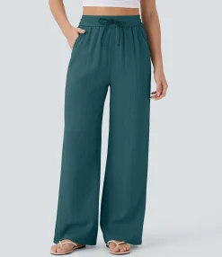 High-Waisted Pants|Wide-Leg Pants<HALARA High Waisted Drawstring Pocket Wide Leg Casual Linen-Feel Pants