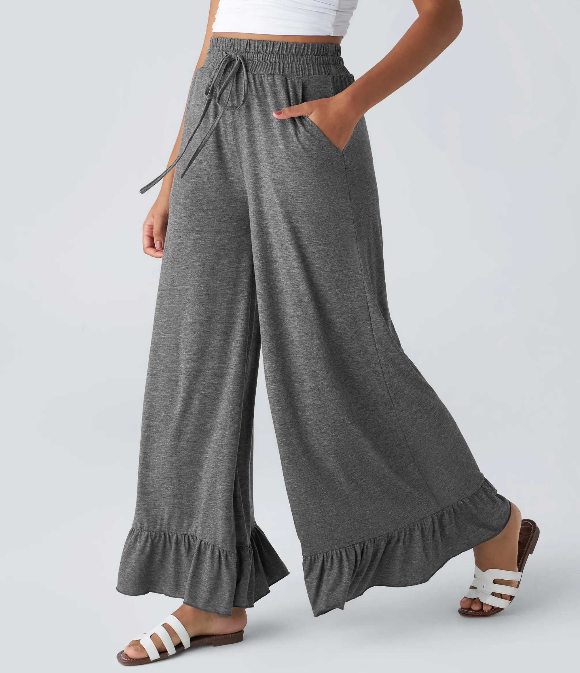 High-Waisted Pants|Wide-Leg Pants<HALARA High Waisted Drawstring Pocket Ruffle Wide Leg Casual Pants