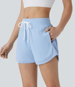 Active Shorts|Shorts<HALARA High Waisted Drawstring Pocket Cut Out Curved Hem Cool Touch Quick Dry Running Shorts 3''