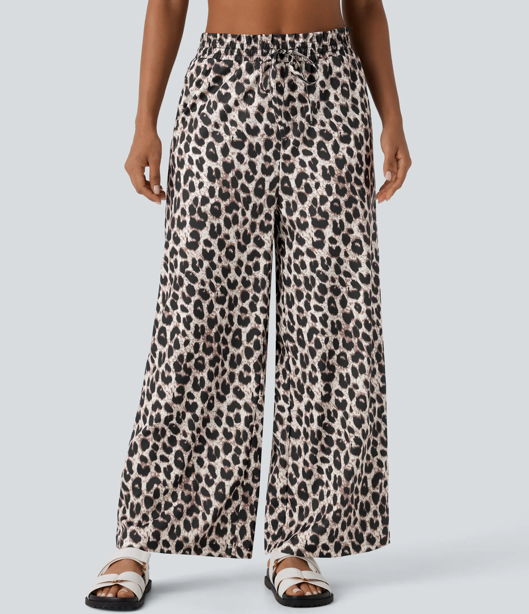 Wide-Leg Pants|High-Waisted Pants<HALARA High Waisted Drawstring Pocket Leopard Print Wide Leg Casual Pants