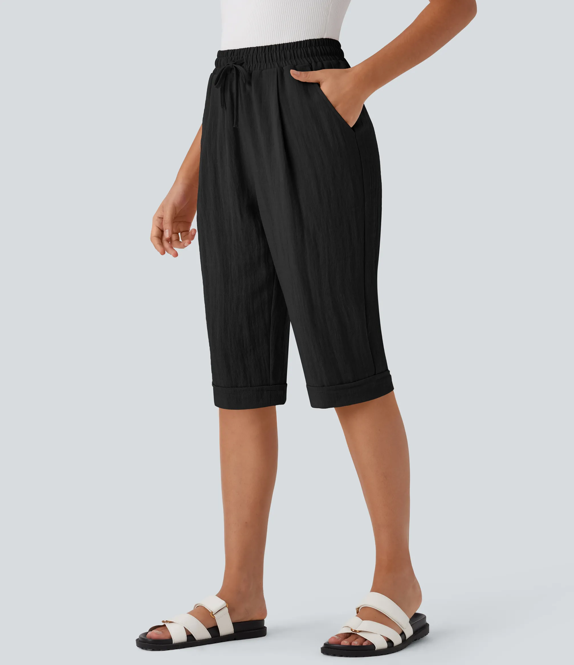 Pants|High-Waisted Pants<HALARA High Waisted Drawstring Pocket Pedal Pusher Casual Linen-Feel Pants