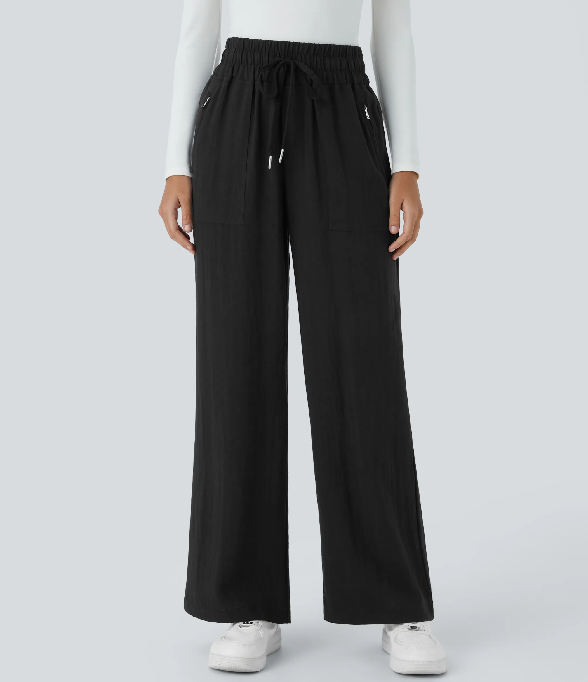 Pants|Wide-Leg Pants<HALARA High Waisted Drawstring Side Zip Pocket Wide Leg Casual Linen-Feel Pants