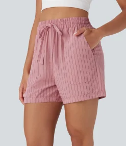 Shorts<HALARA High Waisted Drawstring Stripe Casual Linen-Feel Shorts with Pockets