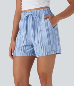 Shorts<HALARA High Waisted Drawstring Stripe Casual Linen-Feel Shorts with Pockets