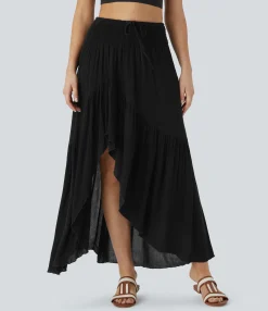 Maxi & Midi Skirts|Skirts<HALARA High Waisted Drawstring Shirred Draped Ruffle High Low Maxi Skirt