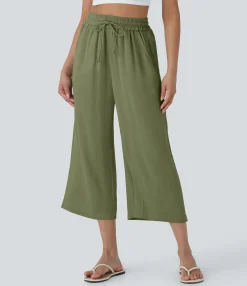 High-Waisted Pants|Wide-Leg Pants<HALARA High Waisted Drawstring Wide Leg Cropped Casual Linen-Feel Pants with Pockets