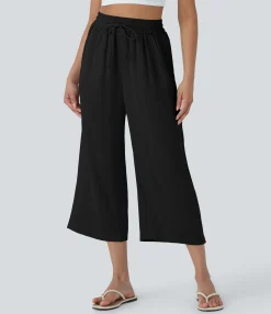 High-Waisted Pants|Wide-Leg Pants<HALARA High Waisted Drawstring Wide Leg Cropped Casual Linen-Feel Pants with Pockets
