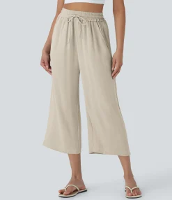 High-Waisted Pants|Wide-Leg Pants<HALARA High Waisted Drawstring Wide Leg Cropped Casual Linen-Feel Pants with Pockets