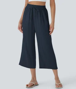 High-Waisted Pants|Wide-Leg Pants<HALARA High Waisted Drawstring Wide Leg Cropped Casual Linen-Feel Pants with Pockets