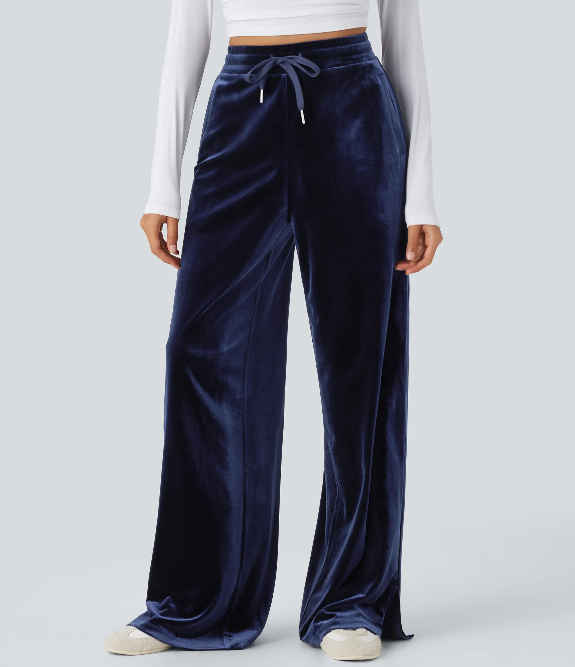 High-Waisted Pants|Wide-Leg Pants<HALARA High Waisted Drawstring Wide Leg Velvet Casual Pants with Pockets