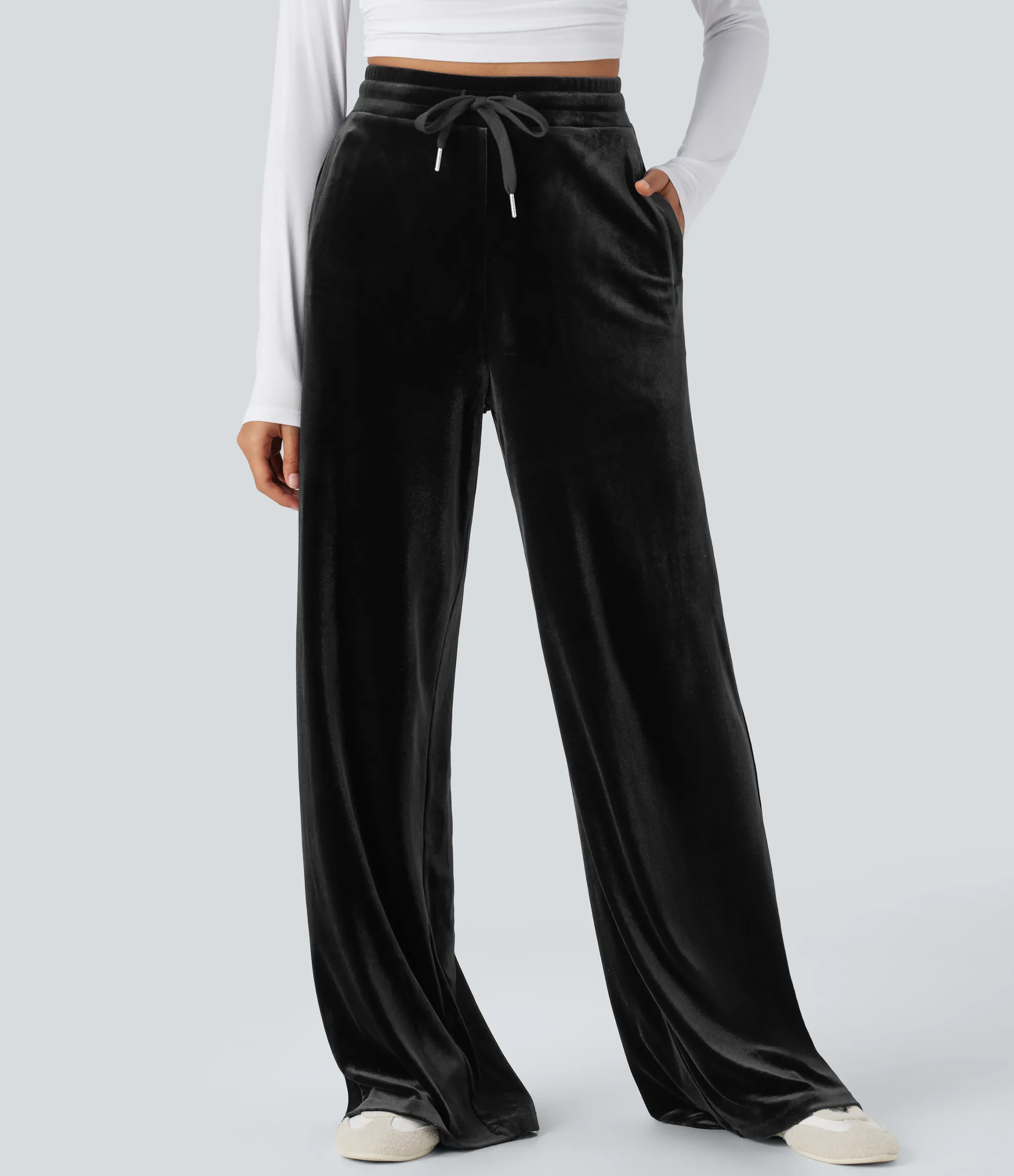 High-Waisted Pants|Wide-Leg Pants<HALARA High Waisted Drawstring Wide Leg Velvet Casual Pants with Pockets