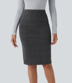 Maxi & Midi Skirts|Skirts<HALARA High Waisted Hem Houndstooth Plaid Work Pencil Skirt