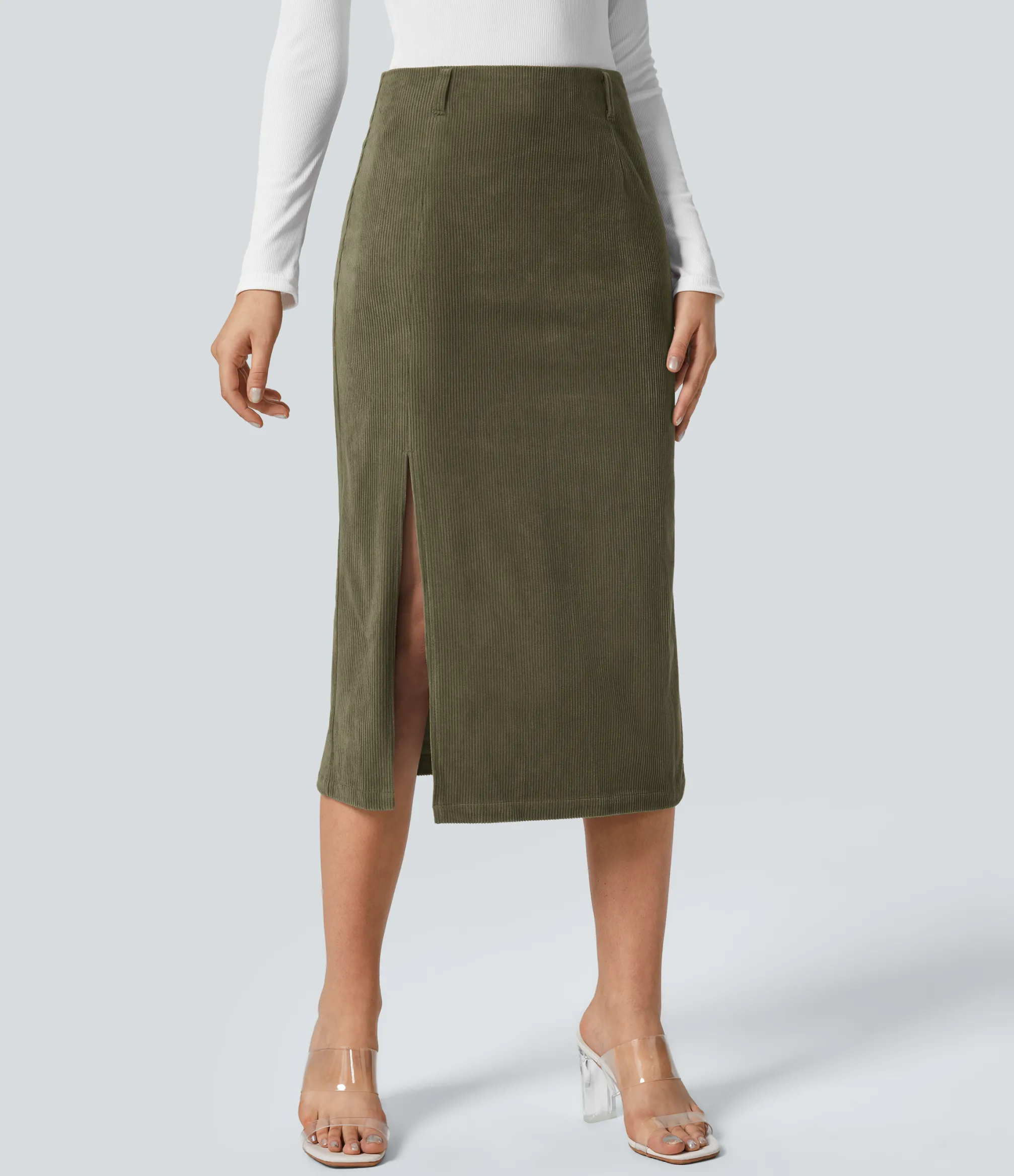 Maxi & Midi Skirts|Casual Skirts<HALARA High Waisted Hem Midi Corduroy Casual Skirt