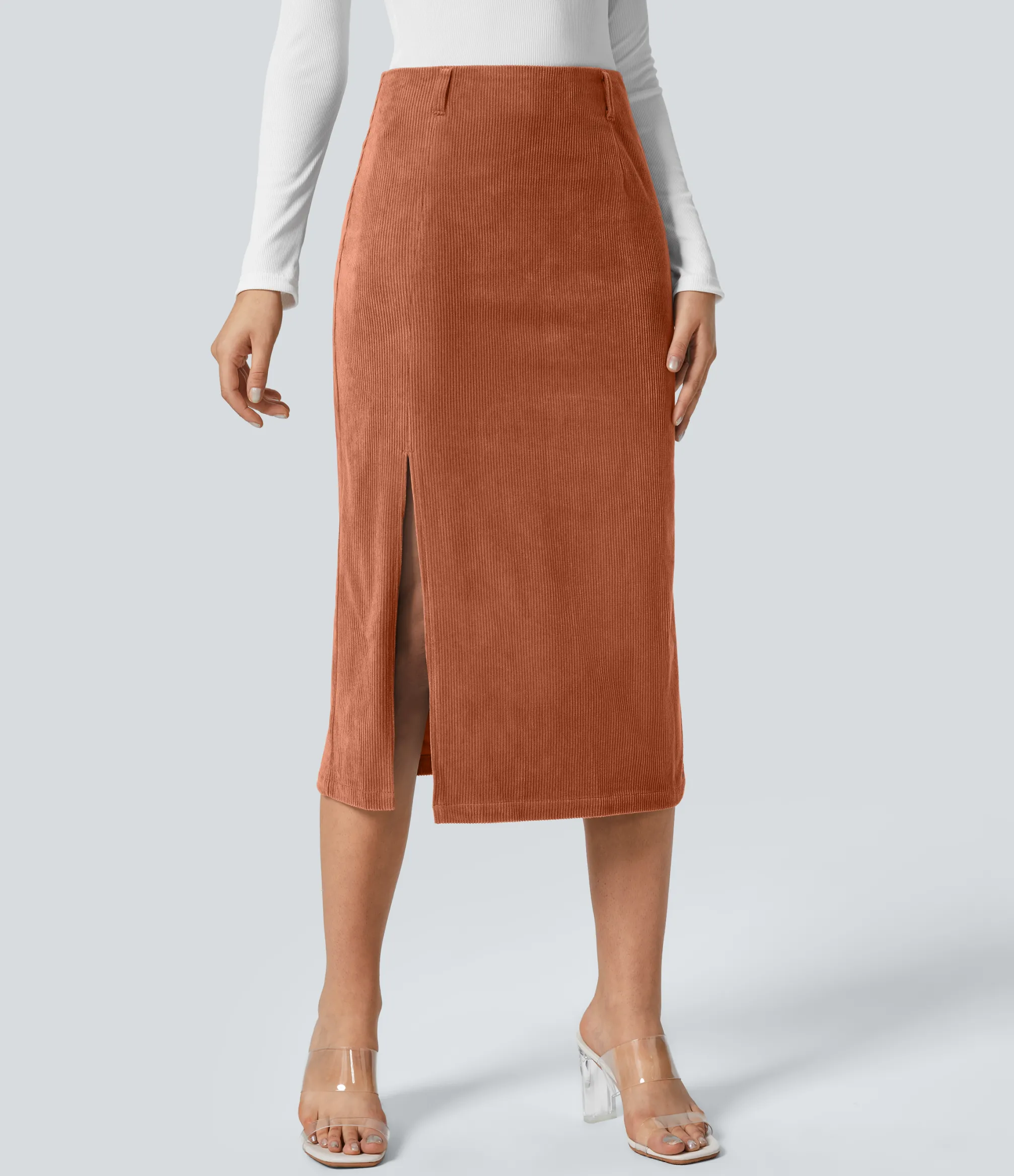 Maxi & Midi Skirts|Casual Skirts<HALARA High Waisted Hem Midi Corduroy Casual Skirt