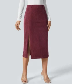 Maxi & Midi Skirts|Casual Skirts<HALARA High Waisted Hem Midi Corduroy Casual Skirt