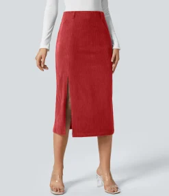Maxi & Midi Skirts|Casual Skirts<HALARA High Waisted Hem Midi Corduroy Casual Skirt