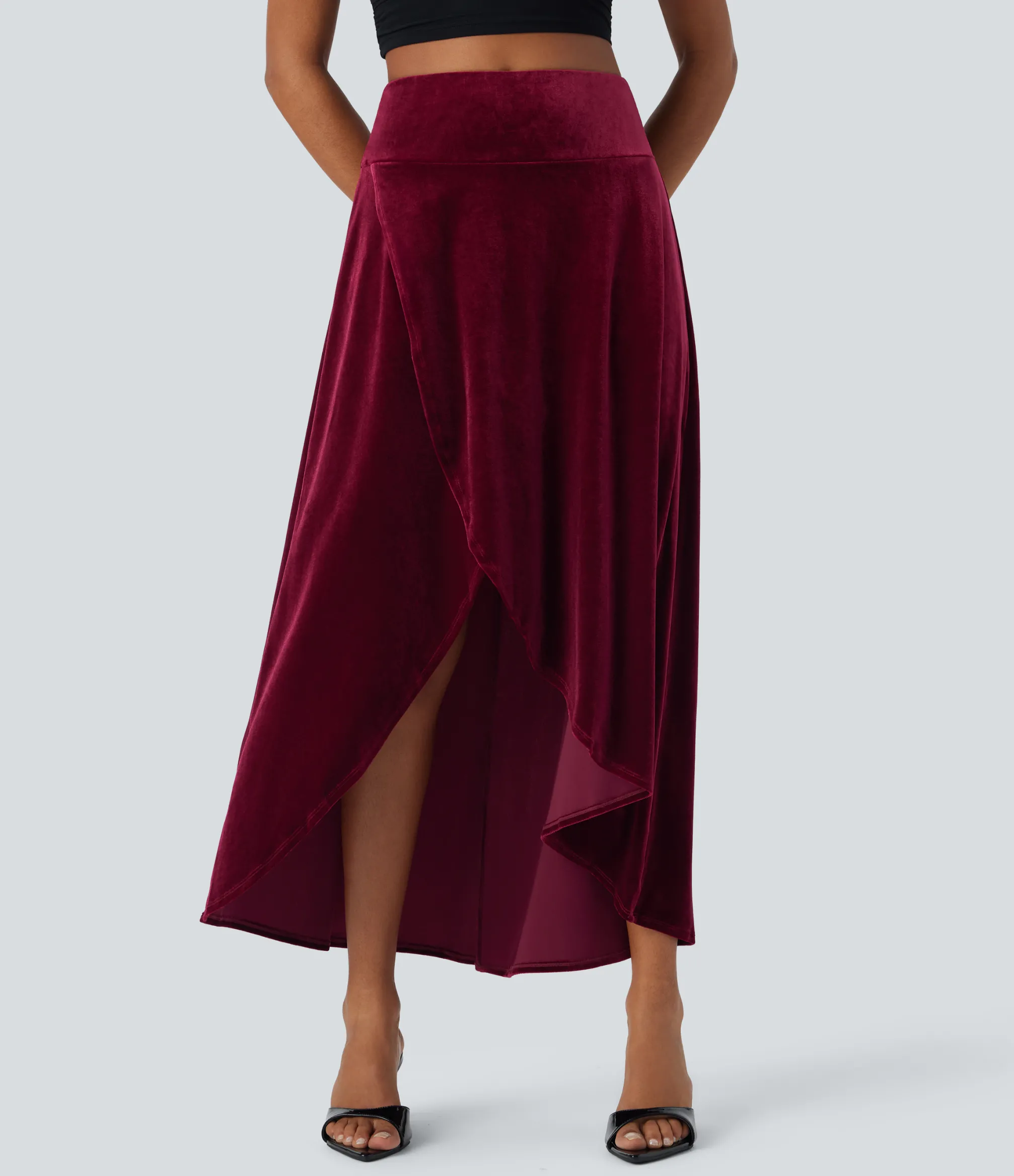 Maxi & Midi Skirts|Casual Skirts<HALARA High Waisted High Low Crossover 2-in-1 Velvet Maxi Skirt