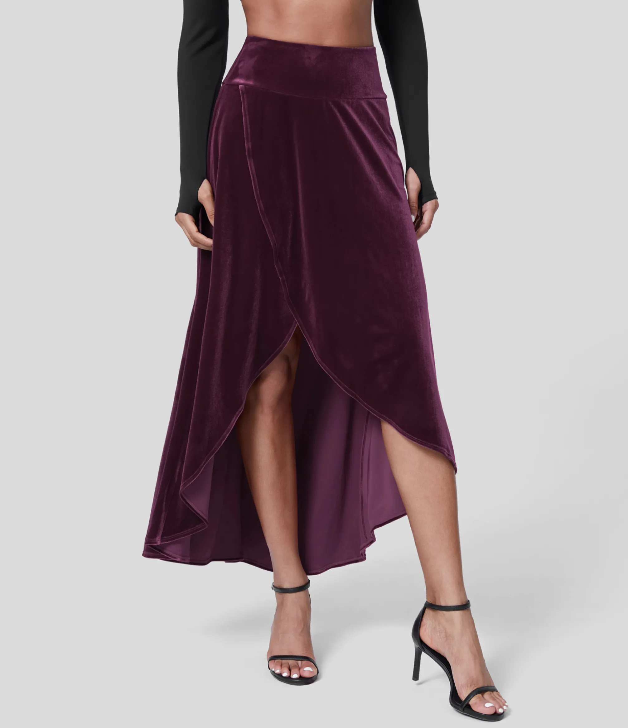 Maxi & Midi Skirts|Casual Skirts<HALARA High Waisted High Low Crossover 2-in-1 Velvet Maxi Skirt