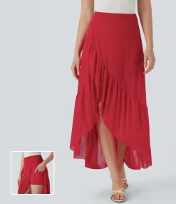 Skirts<HALARA High Waisted High Low Ruffle Hem 2-in-1 Pocket Flowy Mesh Midi Casual Skirt