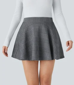 Casual Skirts|Mini Skirts<HALARA High Waisted 2-in-1 Houndstooth Plaid Flare Mini Casual Skirt