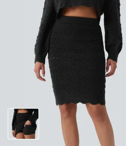 Sweaters<HALARA High Waisted 2-in-1 Open Knit Knee Length Casual Sweater Skirt with Pockets