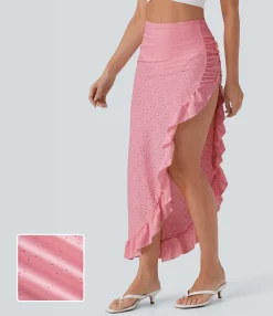 Maxi & Midi Skirts|Skirts<HALARA High Waisted 2-in-1 Ruffle Eyelet Embroidery Maxi Skirt