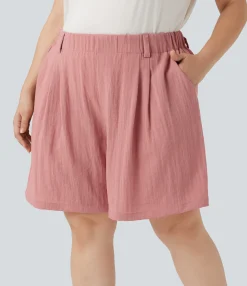 Plus Size<HALARA High Waisted Linen-Feel Casual Plus Size Bermuda Shorts with Pockets