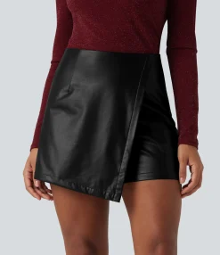 Skirts<HALARA High Waisted Mini Casual PU Leather Skort