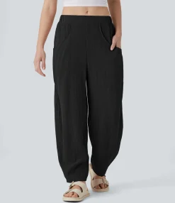 Pants|High-Waisted Pants<HALARA High Waisted Pocket Barrel Leg Casual Linen-Feel Pants