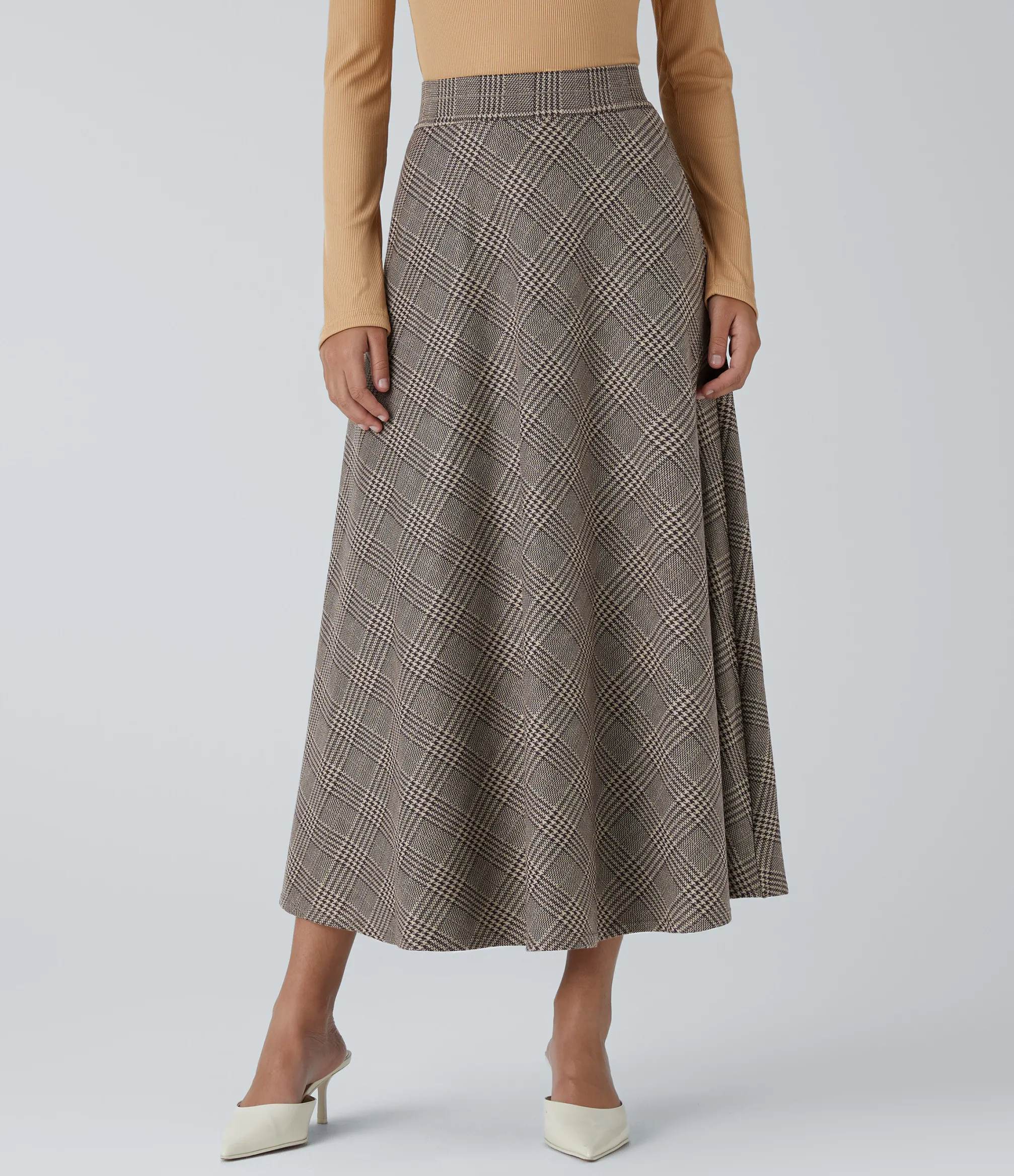 Maxi & Midi Skirts|Casual Skirts<HALARA High Waisted Pocket Houndstooth Plaid Flare Midi Casual Skirt