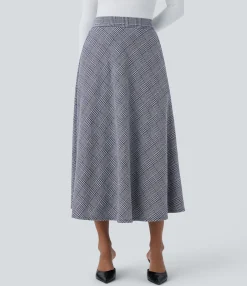 Maxi & Midi Skirts|Casual Skirts<HALARA High Waisted Pocket Houndstooth Plaid Flare Midi Casual Skirt