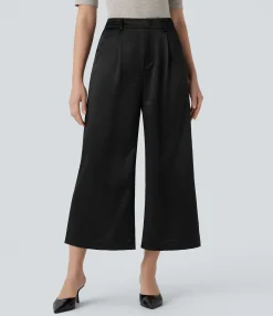 High-Waisted Pants|Wide-Leg Pants<HALARA High Waisted Pocket Satin-Like Wide Leg Work Pants
