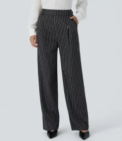 High-Waisted Pants|Straight-Leg Pants<HALARA High Waisted Pocket Straight Leg Stripe Work Pants