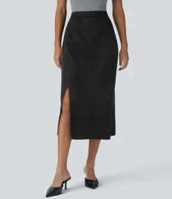 Maxi & Midi Skirts|Skirts<HALARA High Waisted Pocket Suede Midi Work Skirt