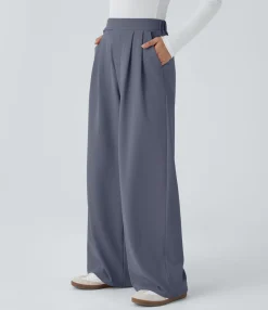 High-Waisted Pants|Wide-Leg Pants<HALARA High Waisted Pocket Wide Leg Waffle Casual Pants