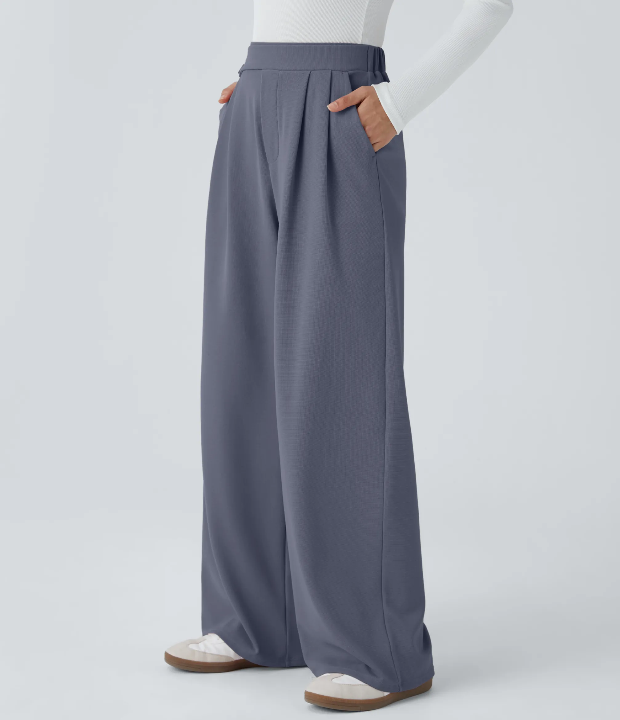 High-Waisted Pants|Wide-Leg Pants<HALARA High Waisted Pocket Wide Leg Waffle Casual Pants