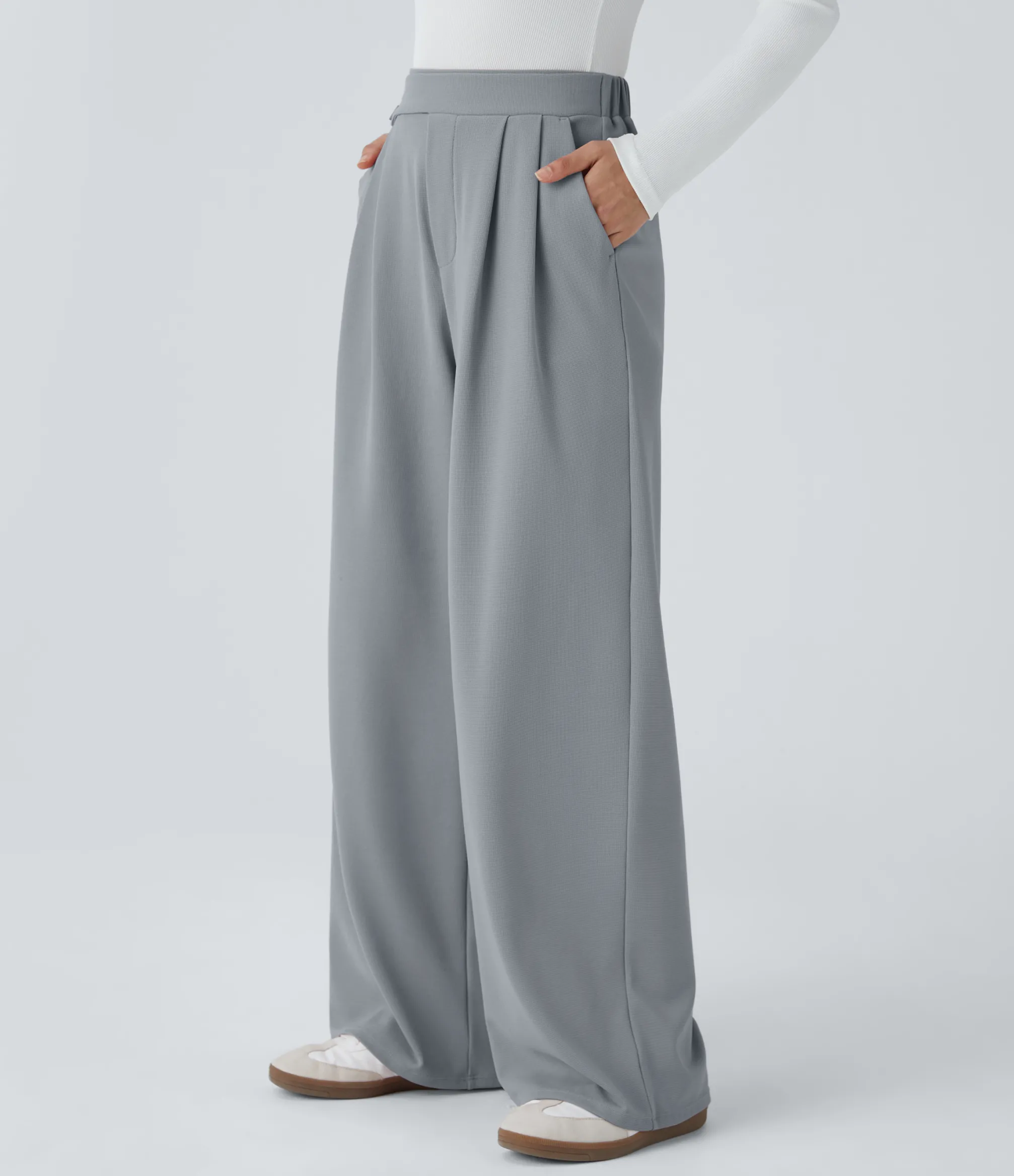 High-Waisted Pants|Wide-Leg Pants<HALARA High Waisted Pocket Wide Leg Waffle Casual Pants
