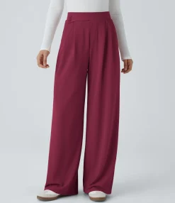 High-Waisted Pants|Wide-Leg Pants<HALARA High Waisted Pocket Wide Leg Waffle Casual Pants