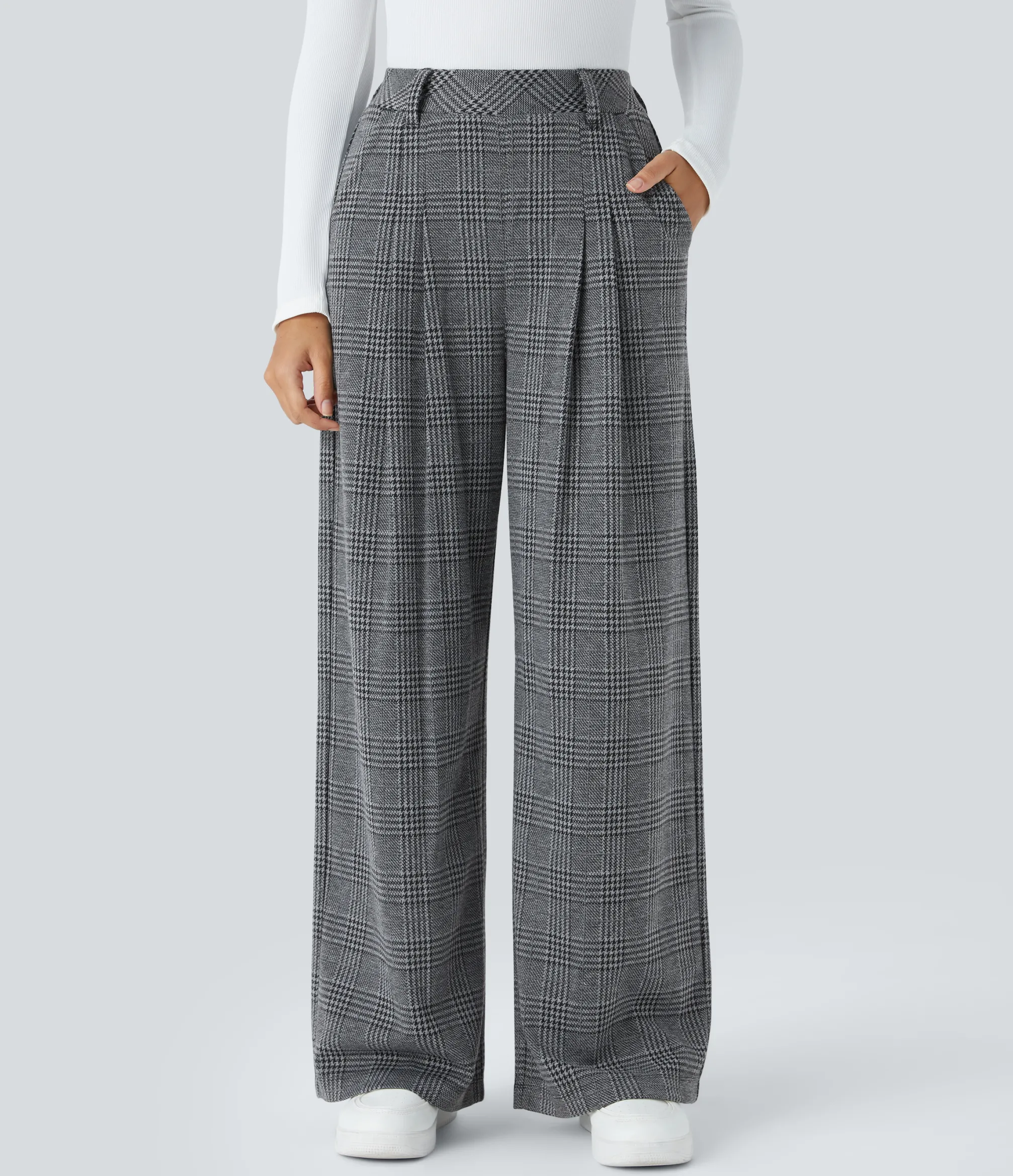 High-Waisted Pants|Wide-Leg Pants<HALARA High Waisted Pocket Wide Leg Houndstooth Plaid Casual Pants