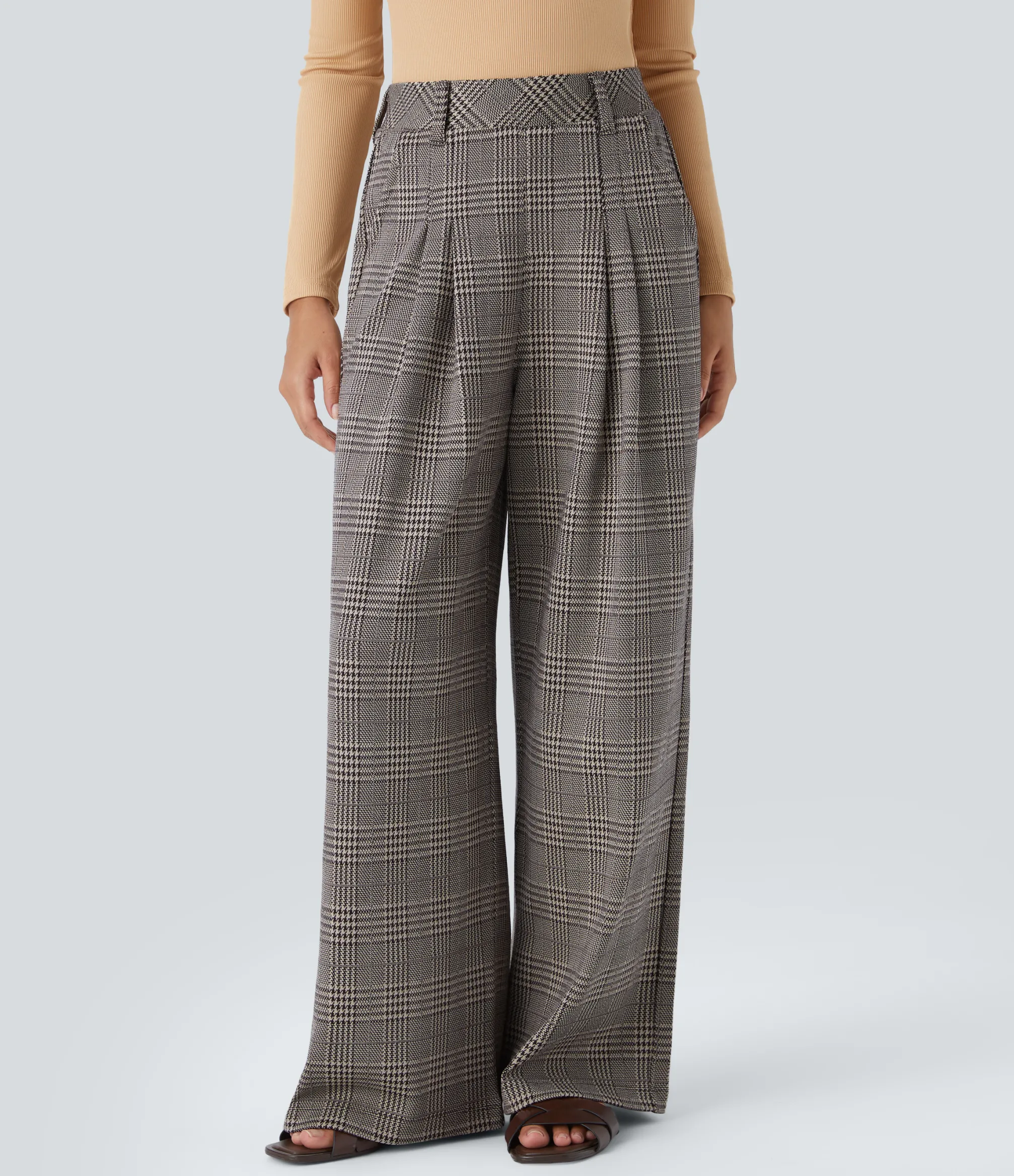 High-Waisted Pants|Wide-Leg Pants<HALARA High Waisted Pocket Wide Leg Houndstooth Plaid Casual Pants