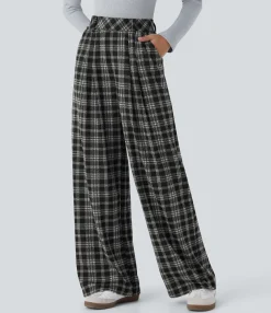 High-Waisted Pants|Wide-Leg Pants<HALARA High Waisted Pocket Wide Leg Houndstooth Plaid Casual Pants