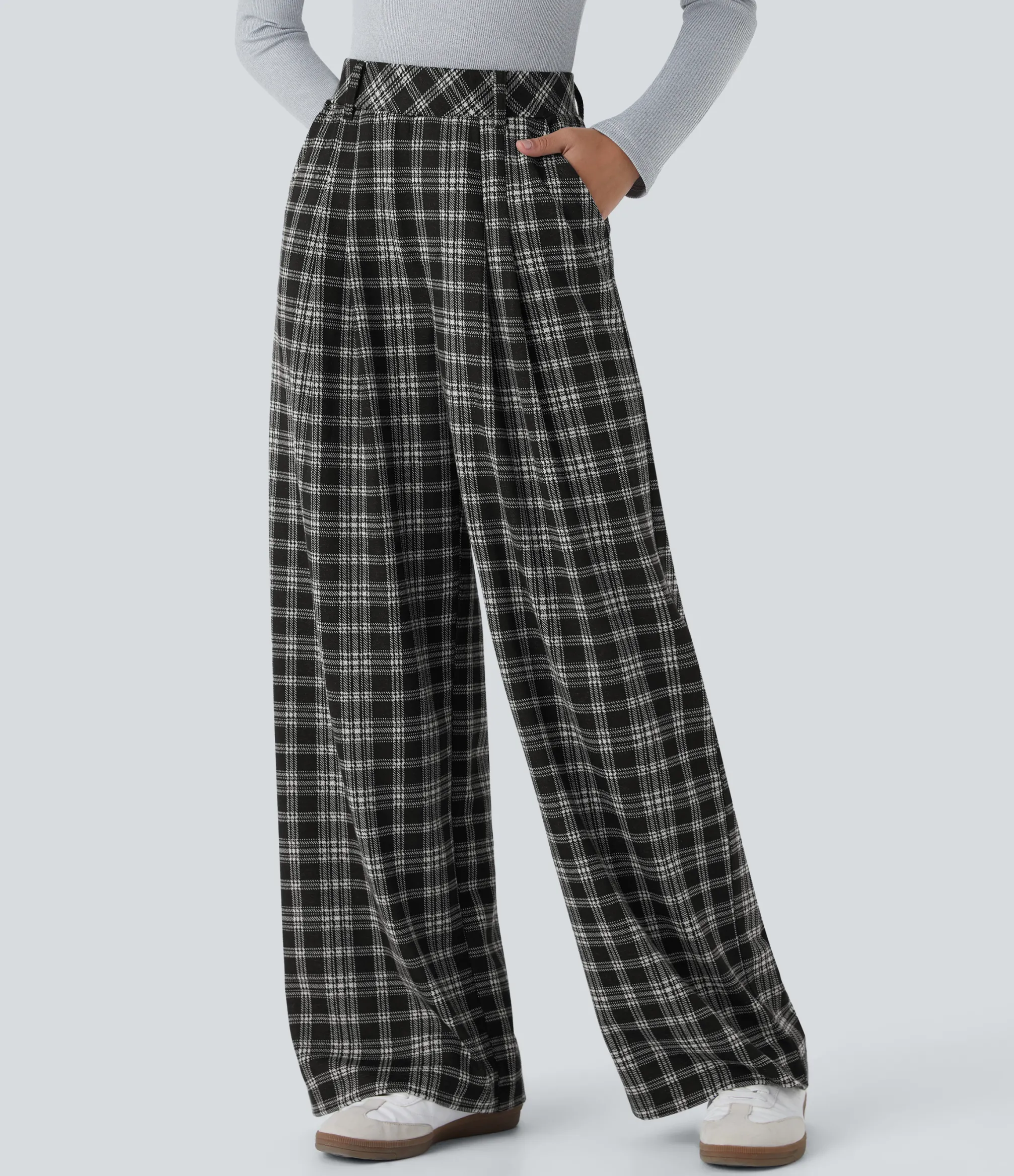 High-Waisted Pants|Wide-Leg Pants<HALARA High Waisted Pocket Wide Leg Houndstooth Plaid Casual Pants