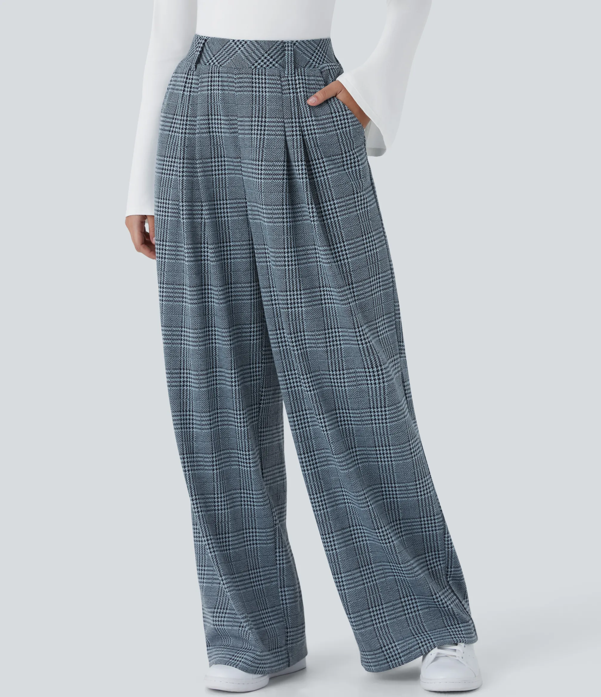 High-Waisted Pants|Wide-Leg Pants<HALARA High Waisted Pocket Wide Leg Houndstooth Plaid Casual Pants