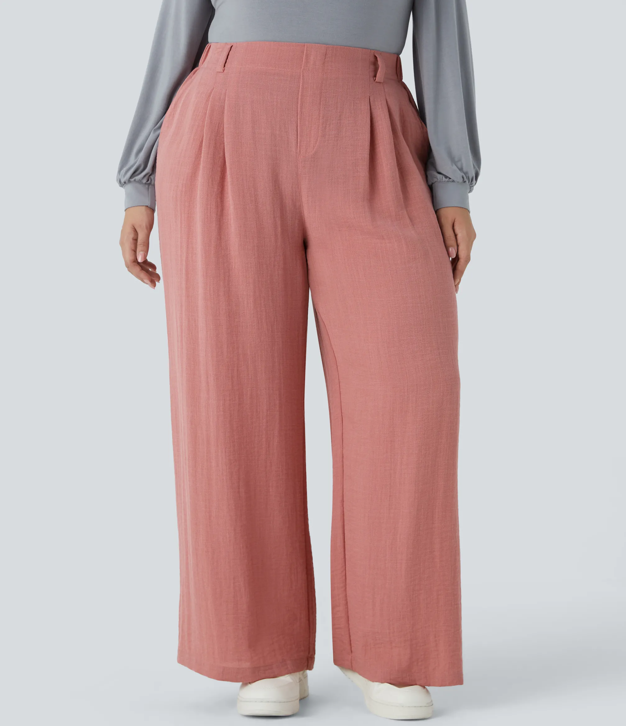 Plus Size<HALARA High Waisted Pocket Wide Leg Flowy Casual Linen-Feel Plus Size Pants