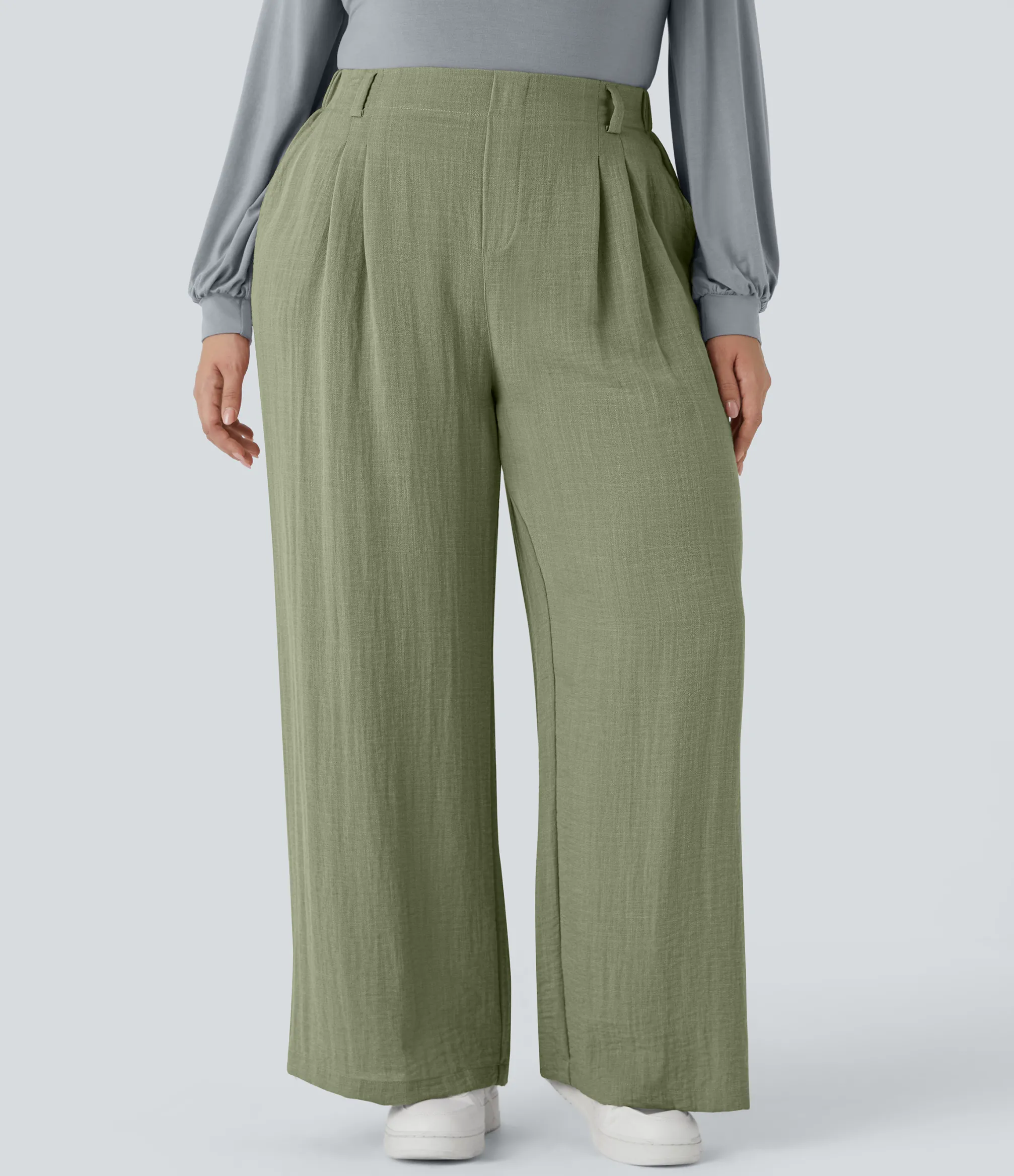 Plus Size<HALARA High Waisted Pocket Wide Leg Flowy Casual Linen-Feel Plus Size Pants