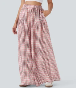 High-Waisted Pants|Wide-Leg Pants<HALARA High Waisted Pocket Wide Leg Flowy Plaid Casual Pants