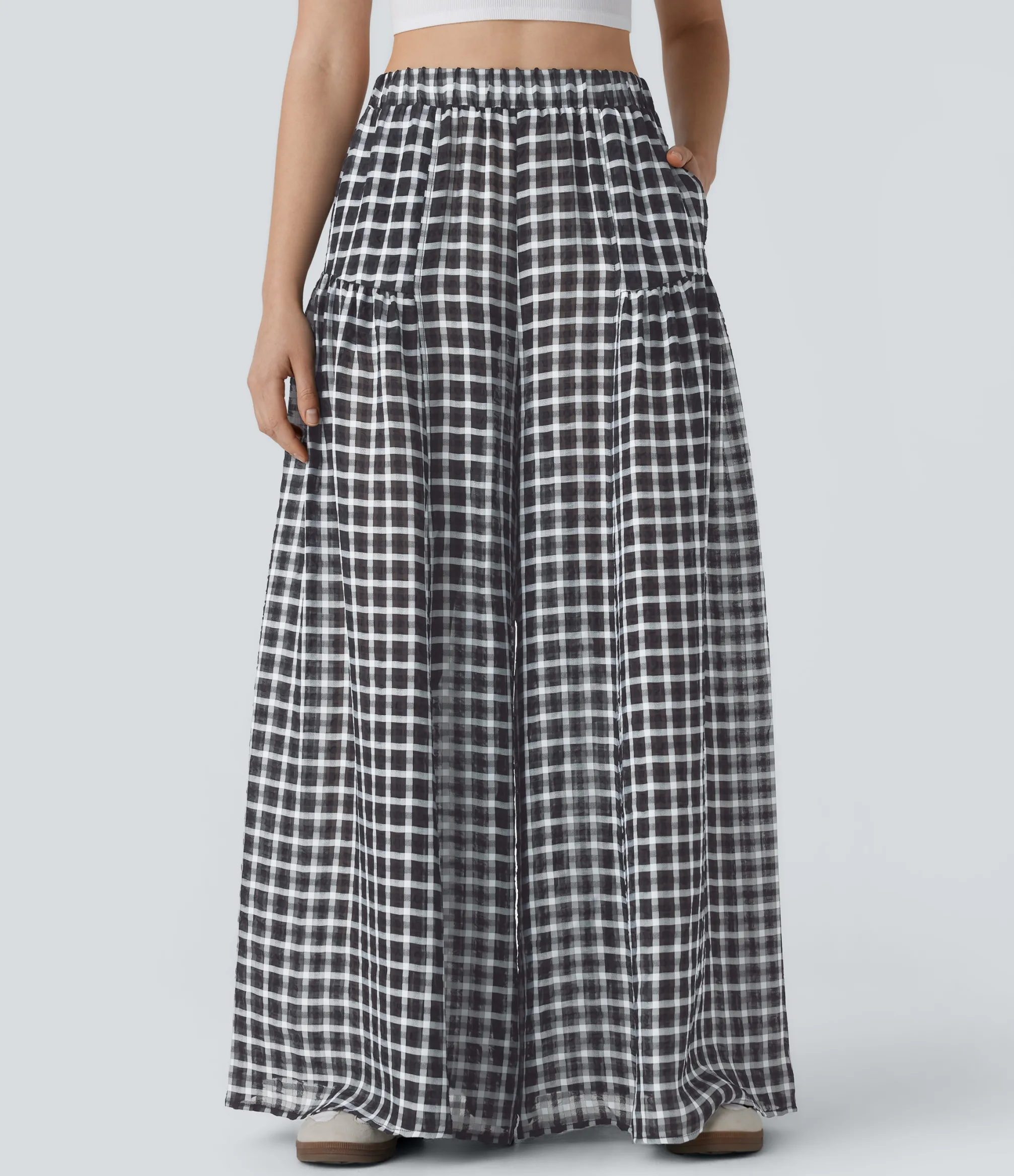 High-Waisted Pants|Wide-Leg Pants<HALARA High Waisted Pocket Wide Leg Flowy Plaid Casual Pants