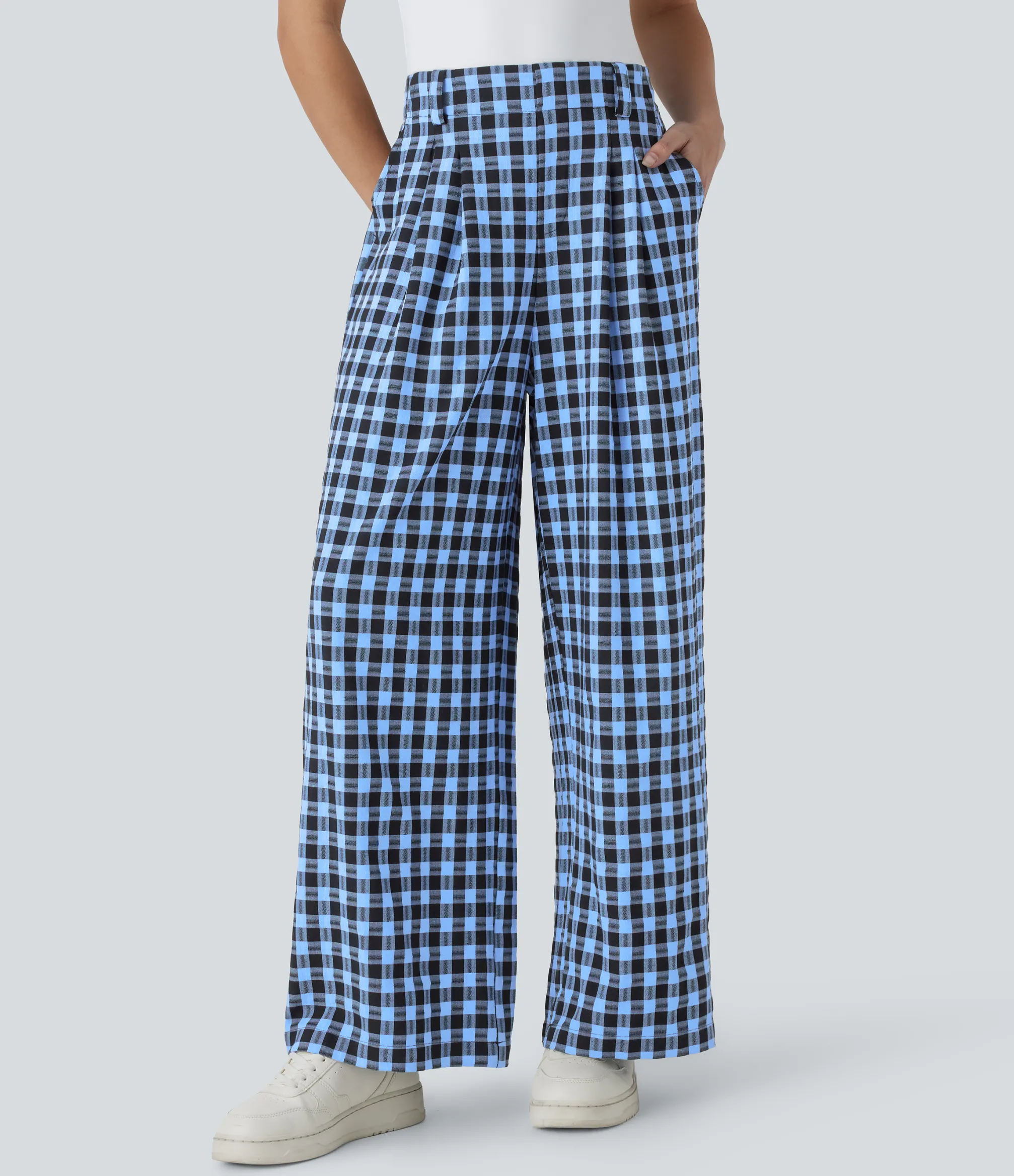 High-Waisted Pants|Wide-Leg Pants<HALARA High Waisted Pocket Wide Leg Plaid Casual Pants
